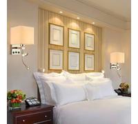 Appliques murales LED d'intérieur avec Port de Charge USB, Support de Lampe, Double Spot à 350°, Abat-Jour en Lin réglable, Interrupteur à Bouton, Lampes de Chevet (Blanc, lumière Chaude)