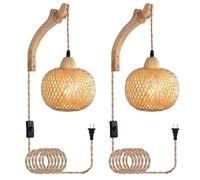 Appliques murales modernes, Boho E27 Mur Light Lampe murale en bois intérieure avec bouchon et commutateurs Sangne Scronce mural pendentif avec éclairage mural à ombre à bambou avec supports