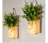 Appliques Murales Rustiques, Fausses Plantes Vertes Suspendues Mason Jar Mur Lumière avec LED Bandes fonctionnant(Lot de 2)