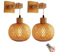 Appliques murales sans fil avec télécommande, fonctionnant sur piles, en bambou et rotin, style lanterne, pour la décoration intérieure, luminaires de style campagnard pour salon, chambre et couloir