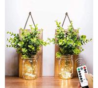Appliques Rustiques, Fausses Plantes Vertes Suspendues Mason Jar Mur Lumière avec LED Bandes fonctionnant pour la décoration de Noël de Jardin à la Maison(Lot de 2) (Télécommande plante verte)