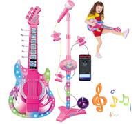 Apprentissage des Jouets, de la Guitare et du Microphone pour Les Enfants, de la Guitare Jouet avec la Musique et la lumière, Une Hauteur réglable 2 en 1 Microphone pour Enfants avec Stand, app