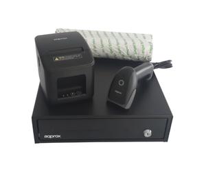 APPROX Pack TPV Tiroir+Imprimante+Lecteur Codes Barres+Paquet 8 Rouleau 80X60 (CASH33+POS80AM-USB+LS22+PAQ.8 Rouleaux 80X60, Noir)