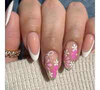 Appuyez Sur Des Ongles Courts D'amande Faux Français Complexe Complexe Acrylique Faux Conception De Fleurs Fausse Pour Les Femmes Filles Colues Acryliques Sur Clou Pour Les Femmes Claires