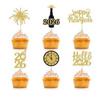 appy VARACL Lot de 24 décorations de cupcakes « Hello 2026 » - Noir et doré - Paillettes - Feux d'artifice pour 2026 - Décorations de gâteaux pour les vacances d'hiver, le réveillon du Nouvel An