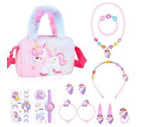 Apricitie Sac à main licorne - Coffret cadeau avec bijoux pour fille (3-7 ans) - Licorne Bijoux pour enfants : collier, bracelet, bague, pince à cheveux