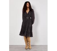 Apricot Apricot Black Polka Dot Chiffon Wrap Long Sleeve Dress Black 14