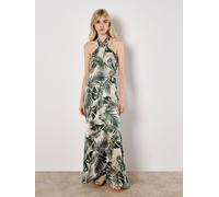 Apricot Apricot Cream Tropical Leafy Print Text Satin Dress Cream EU 46 (UK 18)