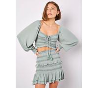 Apricot Apricot Green Smocked Tassel Crop Long Sleeve Blouses