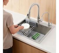 Apriltop Evier Cuisine Acier Inoxydable avec Robinet à Bec Rétractable, Robinet D'eau Pure, Distributeur de Savon et égouttoir, Cuve Simple 55x45x20cm, Encastré, à Fleur, Sur Plan (Argent)