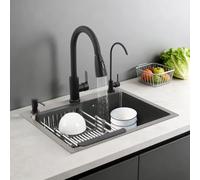 Apriltop Evier Cuisine Acier Inoxydable avec Robinet à Bec Rétractable, Robinet D'eau Pure, Distributeur de Savon et égouttoir, Cuve Simple 55x45x20cm, Encastré, à Fleur, Sur Plan (Noir)