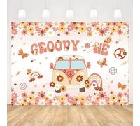 APROPHIC Groovy One Anniversaire Toile de Fond, Motif Marguerites et Fleurs Bannières, pour Nouveau-né 1er Anniversaire Fond Photo de Fête, Arc-en-Ciel Bus Banderole Joyeux Anniversaire 210 x 150cm