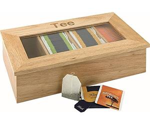 APS 11575 Boîte à thé en bois de qualité supérieure avec fenêtre et 4 compartiments pour sachets de thé, le couvercle reste ouvert, naturel, 4 compartiments de 30 sachets de thé