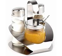 APS 40474 Ménage PRO, 10 x 10 cm, hauteur 11,5 cm, ensemble comprenant : salière et poivrière, pot à moutarde avec cuillère, support en acier inoxydable (finition mat polie)