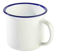 APS 40632 Tasse à anse « ENAMELWARE », tasse, 0,35 litre, Ø 9 cm, hauteur 8 cm, tôle d'acier émaillée, blanche avec bord bleu