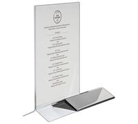 APS 71521 Porte-cartes de menu, présentoir de table, présentoir publicitaire, 10,5 x 7 cm, hauteur 17 cm, acrylique avec socle en acier inoxydable, convient pour format A6