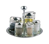 APS burette, ensemble vinaigre et huile, support de table pour le sel, le poivre, le vinaigre, l'huile, les cure-dents, support rotatif, récipient en verre avec couvercle en acier inoxydable et fermeture tournante, 16 x 16 cm, 20 cm de hauteur