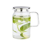 APS Carafe en verre pour eau et limonade, récipient en verre (Ø x H) : 10 x 26 cm avec couvercle en acier inoxydable et double fonction, bec verseur avec passoire intégrée, 1,5 litre