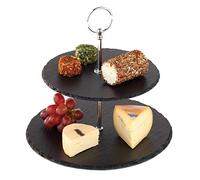 APS Etagere à 2 niveaux, plaques d'ardoise Ø 25 cm, Ø 20 cm, H : 24 cm, métal chromé