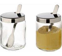 APS pots à moutarde, lot de 2, pots à moutarde transparents avec cuillère et couvercle en acier inoxydable, 4,8 x 4,8 cm, hauteur 6,3 cm