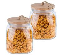 APS Lot de 2 bocaux de conservation « Woody » - Récipient en verre de qualité supérieure avec couvercle en bois - Grâce au joint en silicone, l'arôme du contenu reste présent plus longtemps - 2 litres
