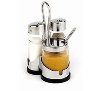 APS "Economic" burette à poivre et à sel, 3 pièces avec récipient en acier inoxydable Salière, récipient en verre transparent avec couvercle en acier inoxydable et bouchon à vis, troisième récipient en verre pour la moutarde, 8 x 8,5 cm, 13 cm de haut