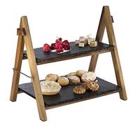 APS étagère/étagère - étagère à 2 niveaux en bois d'acacia avec deux assiettes en ardoise - pliable, lavable - convient également pour les plats froids et pour le réfrigérateur.
