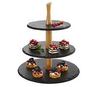 APS Présentoir à 3 étages en ardoise naturelle Ø 30 / 25 / 20 cm x h 34 cm, env. Épaisseur : 0,6 cm - avec colonne en bois - Pieds antidérapants qui n’abîment pas les meubles