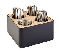 APS range-couverts, boîte à couverts, conteneur à couverts, 4 trous avec 4 carquois en acier inoxydable, noir et brun, en acier inoxydable, bois et SAN, 27 x 27 cm, 15 cm de hauteur