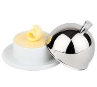 APS Beurrier, beurrier avec Cloche, beurrier en Porcelaine avec Capuchon en Acier Inoxydable, très Poli, 9 x 9 cm, Hauteur 7 cm