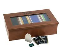 APS Teebox - Boîte à thé en bois de qualité supérieure avec fenêtre de visualisation, 4 compartiments pour 30 sachets de thé enveloppés chacun, le couvercle reste ouvert.