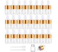 Apstaqeoo Lot de 24 mini flacons compte-gouttes vides en verre transparent de 2 ml avec pipettes compte-gouttes et bouchon en alliage d'aluminium doré rechargeable pour huiles essentielles, parfum,