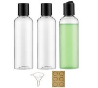 Apstaqeoo - Lot de 3 flacons de 200 ml en plastique transparent avec bouchon à vis et couvercle à rabat, flacons vides rechargeables, pour voyage, dosage avec 1 entonnoir et 6 étiquettes pour liquides