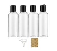 Apstaqeoo Lot de 4 flacons en plastique de 150 ml avec bouchon à disque à rabat - Flacons vides rechargeables - Avec entonnoir et étiquette pour liquides, lotions, shampooings, articles de toilette et