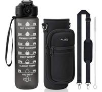 Apt-Gourde Graduée Motivation 1l Incl. Housse Néoprène Avec Poches, Bandoulière, Paille, Brosse Bouchon Étanche Automatique Avec Sécurité Boutelle Pour Sport, Gym, Trekking Sans Bpa