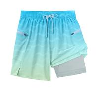 APTRO Short de bain pour homme avec doublure de compression - Short de bain 2 en 1 avec poches zippées, Bleu dégradé., L