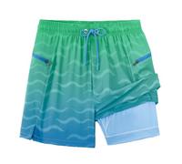 APTRO Short de bain pour homme avec doublure de compression - Short de bain 2 en 1 avec poches zippées, Dégradé vert bleu, 3XL