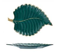 APVPOPOKGM Assiette plate en céramique à bordure dorée, ornement en forme de feuille, rangement for sushis, dessert tendance(Dark Green,L)