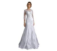 Femmes Dentelle Poisson Robe de Mariée Manches 3/4 Robe de Mariée Balayage Jupe Ourlet Slim Robe de Mariée, APZKNHDA, Blanc, 32
