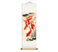 AQCDPJYU Rouleau des Neuf Poissons chinois, art suspendu en soie fait main, décoration murale orientale Feng Shui, idée cadeau originale(Creamy White A,40L x 128W cm)