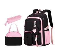 AQCDPJYU YZSMYY Ensemble de 3 sacs à dos à motif d'amour, sac d'école étanche en nylon avec sac à déjeuner et trousse à crayons(Pink Set)
