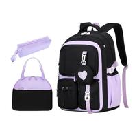 AQCDPJYU YZSMYY Ensemble de 3 sacs à dos à motif d'amour, sac d'école étanche en nylon avec sac à déjeuner et trousse à crayons(Purple Set)