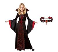 AQDJWHM Deguisement Halloween Fille, Deguisement Vampire Fille Ensemble de Luxe avec Col Rubis Rose, Déguisement Halloween Enfant pour Carnaval Cosplay (130)