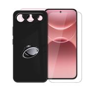 AQGGIIXY Coque Noire Anneau et Verre pour Oppo A7 Pro | 6.57". Silicone souple, antidérapant, anti choc, dureté 9H, anti-rayures, ultra fin, HD clair, anneau rotatif 360°.