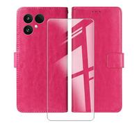 AQGGIIXY Coque pour Fairphone 6 (6.31") avec Verre trempé en Film Protecteur, PU Flip Housse Etui, Fonction Stand avec Fente Carte Cuir Cover Case - Rosered