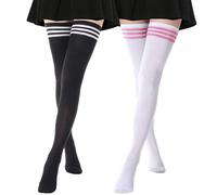 AQOKKA Chaussettes mi-cuisses extra longues pour femme - Rayées au-dessus du genou - Chaussettes longues, 2 paires extra longues : noir et blanc, blanc et rose, One Size Tall