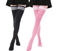 AQOKKA Chaussettes mi-cuisses extra longues pour femme - Rayées au-dessus du genou - Chaussettes longues, 2 paires extra longues : noir avec rayures, rose avec rayure, Extra Long Size