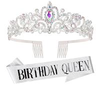 AQOKKA Couronne et écharpe d'anniversaire pour femme, écharpe de reine d'anniversaire et diadème à strass pailletés, accessoires pour cheveux en cristal, fournitures de fête, décoration d'anniversaire