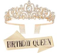 AQOKKA Couronne et écharpe d'anniversaire pour femme, écharpe de reine d'anniversaire et diadème à strass pailletés, accessoires pour cheveux en cristal, fournitures de fête, décoration d'anniversaire