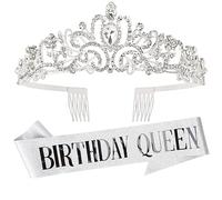 AQOKKA Couronne et écharpe d'anniversaire pour femme, écharpe de reine d'anniversaire et diadème à strass pailletés, accessoires pour cheveux en cristal, fournitures de fête, décoration d'anniversaire